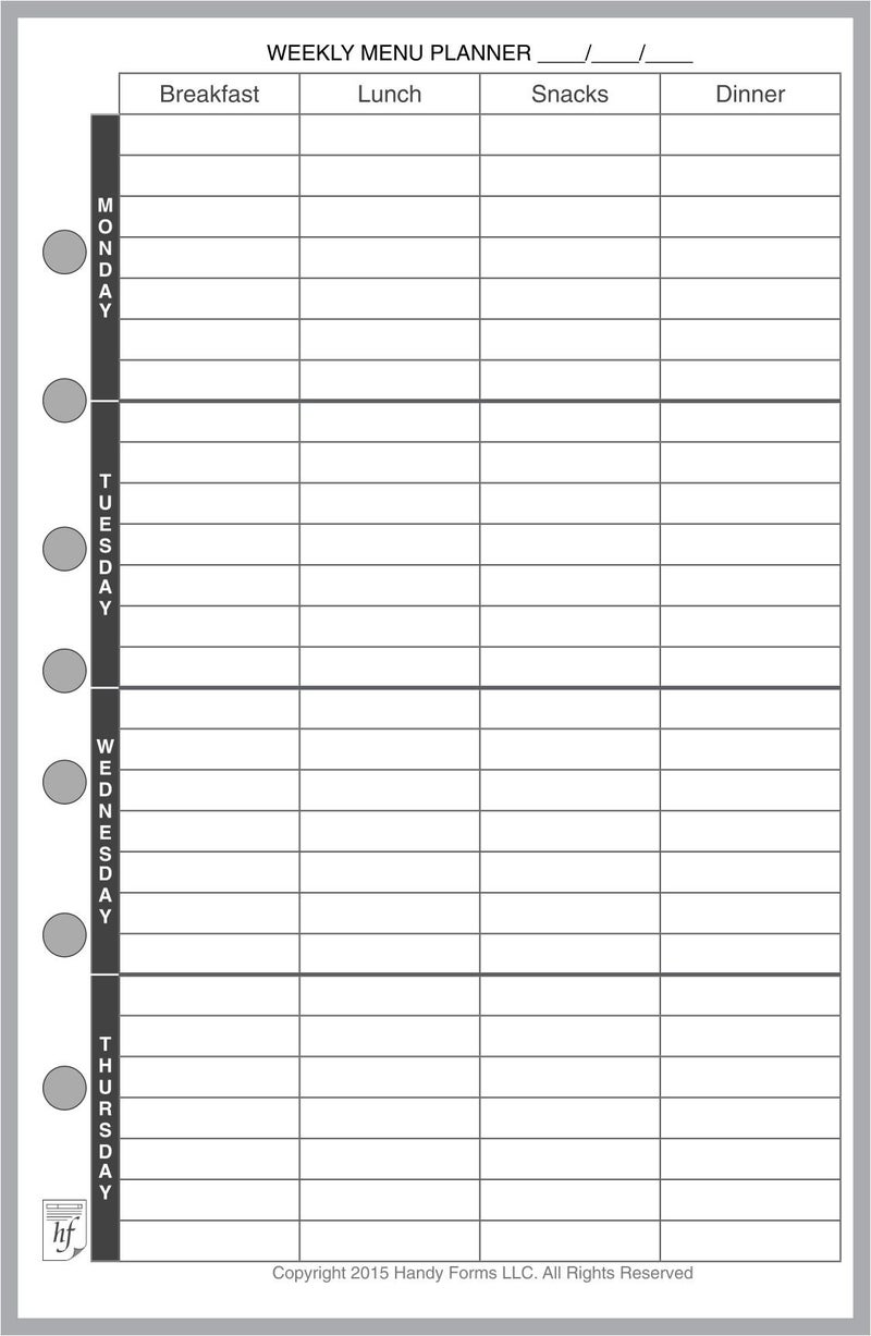 Handy Forms Classic Size Menu Planner and Shopping List, Sized and Punched with 7 Holes for 7-Ring Notebooks Such as Franklin, etc. (5.5" x 8.5") - Image 1
